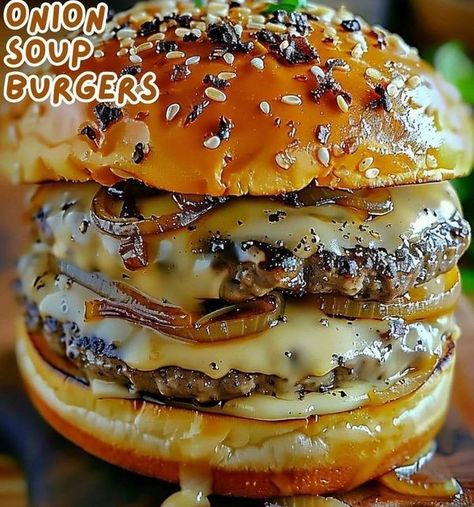 Grandma's Cooking Recipes | Irresistible French Onion Soup Burgers 🍔 | Facebook French Onion Burgers Recipes, French Onion Burger, Lipton Onion Soup Mix Burgers, Onion Soup Mix Burgers, French Onion Soup Burgers Ground Beef, Grandma Cooking, French Onion Soup, Onion Soup, French Onion