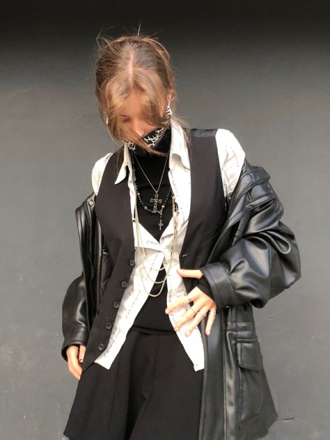 Winter Button Up Shirt Outfit, Leather Jacket Over Dress, Subversive Layering, Sheer Outfit Ideas, Fall Outfits Alt, Punk Rock Outfits For Women, Visual Kei Outfit Ideas, Layering Outfits Aesthetic, Layered Outfits Aesthetic