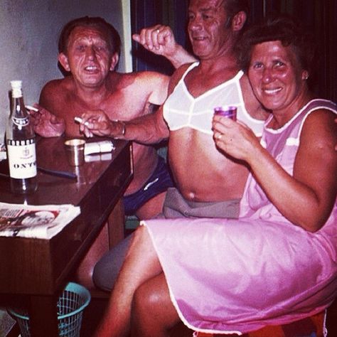 Vintage Photo 1960s Man In Bra With Lady And Shirtless Man In Motel Drinking Photos, Photo Cubes, It's Saturday, Awkward Family Photos, Laundry Mat, Retro Pictures, John Steinbeck, Vintage Memory, Party People