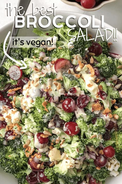 This vegan broccoli salad recipe is a super flavorful, quick and easy, gluten-free, dairy-free, oil-free, low carb, vegan salad perfect for summer cookouts. #dairyfree #keto #healthyvegan #cookout #broccoli #salad Best Broccoli Salad, Vegan Broccoli Salad, Keto Broccoli Salad, Dairy Free Dressing, Dairy Free Salads, Broccoli Cauliflower Salad, Vegan Broccoli, Blueberry Salad, Gluten Free Salads