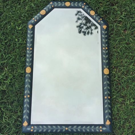 Hand painted wooden hexagon mirror Oak frame  26.5"H x 16.5"W Wire hanger  Signs of age - faint fogginess, light surface scratches #handpaintedmirror #paintedmirror #handpainted #handpaintedfurniture #colorfulhome #colorfulinterior #interiordesign #folkart #boho #bohostyle #bohodecor #uniqueinteriors #fusionmineralpaint #handpainteddecor #smithfieldva #virginiaartist #upcyclefurniture #upcycle Painted Frame Mirror, Paint Mirror Frame, Painted Mirror Frame, Painting Mirror Frames, Painting Mirror, Hexagon Mirror, Painted Decor, Painted Bathroom, Painted Mirror