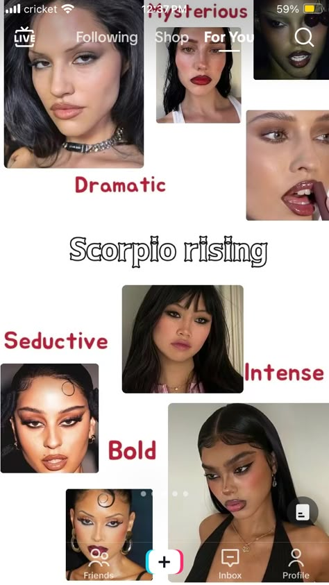 Venus Sign Scorpio Style, Scorpio Makeup Aesthetic, Scorpio Venus Aesthetic Outfits, Scorpio Mars Aesthetic, Scorpio Venus Makeup, Scorpio Rising Fashion, Sagittarius Rising Makeup, Tasha Aesthetic, Scorpio Rising Outfits