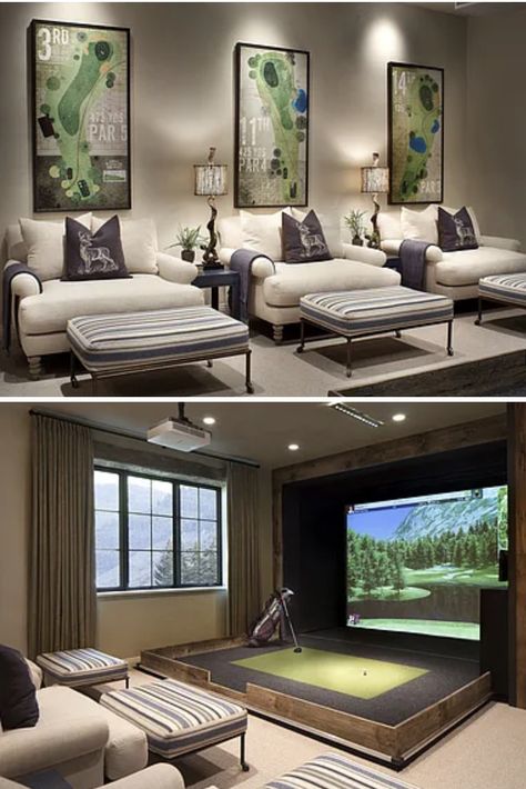 Golf Simulator Theatre Room, Home Theater Golf Simulator, Golf Simulator In Basement, Golf Simulation Room, High End Basement Ideas, Golf Simulator Room Design Garage, Golf Simulator Basement, Home Golf Simulator Room, Indoor Golf Room