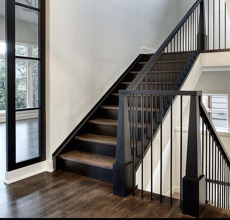 Black Hardwood Stairs, Black Wood Railing, Indoor Black Railings For Stairs, Black Wood Staircase, Black Metal And Wood Stair Railing, Wood And Black Staircase, Stair Railing Ideas Black, Black Wood Spindles Staircase, Black Stairs With Wood Steps