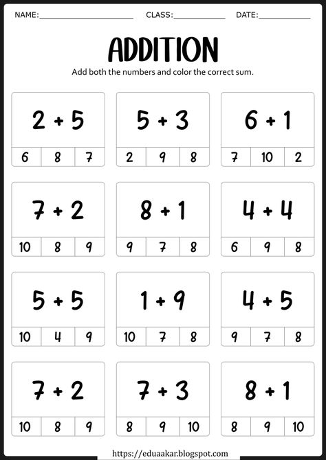 Simple Math Worksheets For Kindergarten, School Work For 1st Graders, Math Addition Worksheets Kindergarten, Addition For Kindergarten Worksheets, Simple Math For Preschoolers, Math Worksheet For Preschool, Math Skills For Kindergarten, Kg 1 Worksheets Math, Math Activities Preschool Worksheets