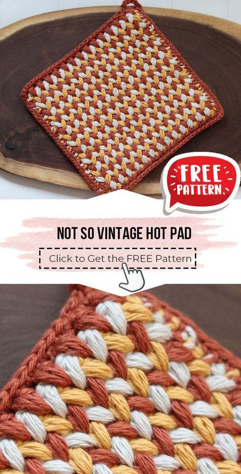 crochet Not So Vintage Hot Pad free pattern - FREE Crochet Potholder Pattern for Beginners. Click to Get the Pattern #Potholder #crochetpattern #crochet via @shareapattern.com Crochet Projects Potholders, Crochet Fall Hot Pads, Round Potholder Crochet Pattern Free, Crochet Cotton Potholders, Crochet Kitchen Potholders, Fun Crochet Potholders, Granny Square Pot Holder Free Pattern, Simple Crochet Potholders, Pot Holders Diy Crochet