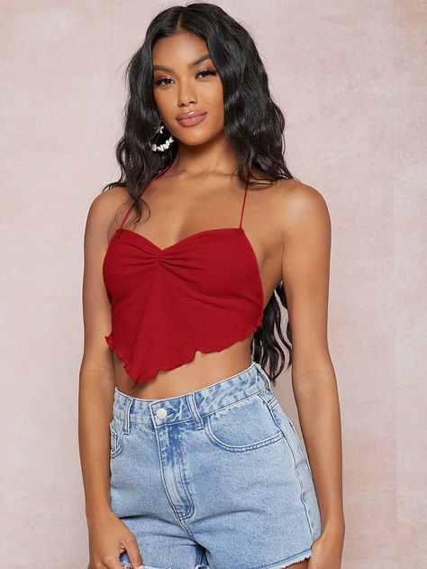 Tie Backless Halter Top, Girls Spring Fashion, Simple Spring Outfits, Batwing Sleeve Blouse, Backless Halter Top, Simple Summer Outfits, Womens Halter Tops, Spring Fashion Casual, Women Tank Tops