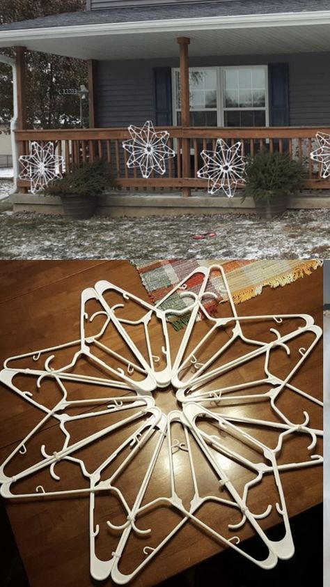 This was fun and easy, used baby hangers, tied together with yarn then put on the tie straps Coat Hanger Snowflake, Hanger Snowflake, Cardigan Til Baby, Calendar Advent, Outside Christmas Decorations, Hanger Crafts, Christmas Decorations Diy Outdoor, Christmas Yard, Holiday Diy