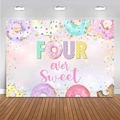 Background Toddler Girl 4th Birthday Party Banner Supplies (7x5ft (82x60 inch)) Four Ever Sweet, Donut Birthday Party Decorations, Pumpkin Backdrop, Diy Birthday Backdrop, Photo Party, 4th Birthday Party, Birthday Donuts, Donut Birthday Parties, Cake Smash Backdrop