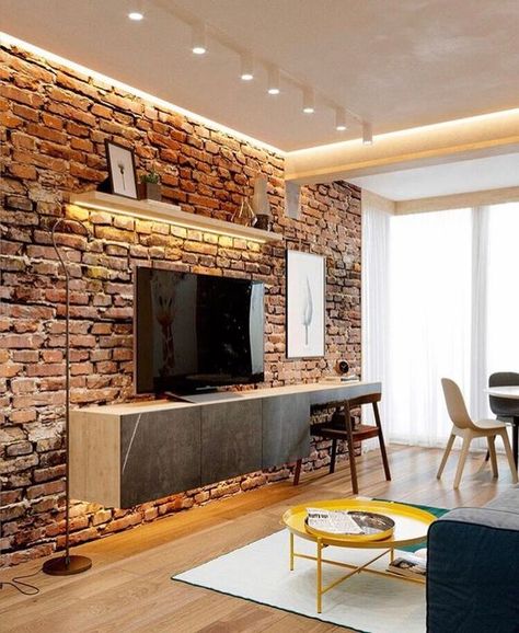 Brick Wall Decor, Brick Living Room, Brick Room, Ruang Tv, Interior Brick, Log Cabin Interior, Colourful Living Room Decor, Latest Living Room Designs, Industrial Interior Design