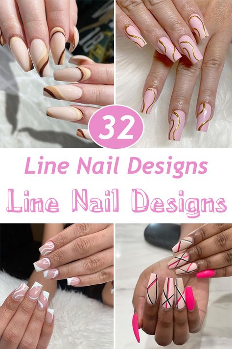 Stand Out Nail Designs, Coffin Line Nail Designs, Gel Nails Geometric Design, Nail Lines Art, Nails Design Lines Ideas, Stripy Nail Designs, Nail Ideas With Lines, Lined Nail Designs, Pink Nails With Lines Design