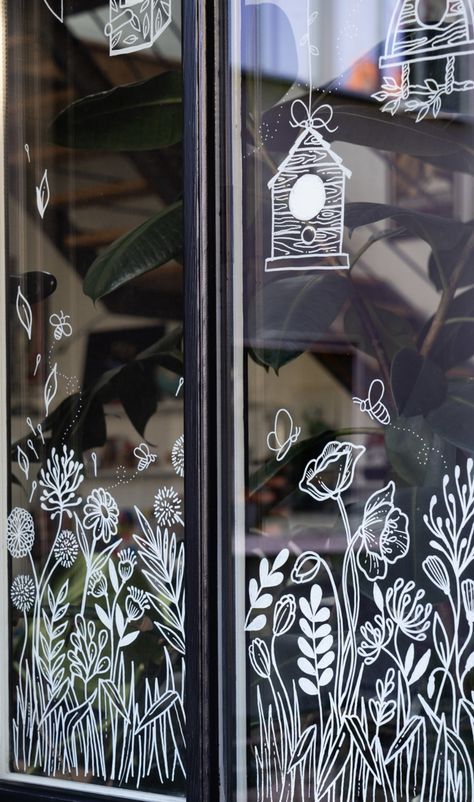 Spring Window Display, Painted Window Art, Window Markers, Window Mural, Window Drawing, Liquid Chalk Markers, Spring Window, Flower Window, Chalk Pens