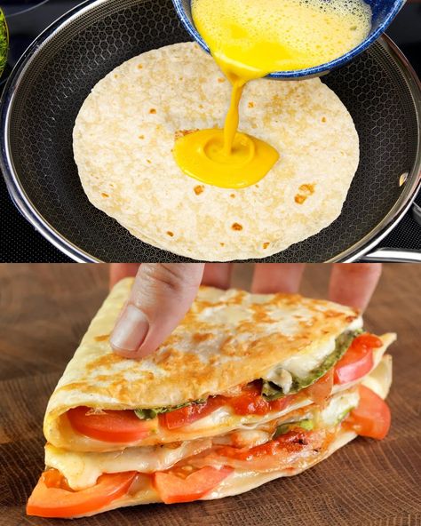 Quick and Easy Breakfast Tortilla with Mozzarella and Veggies - Greenku Recipes Breakfast Corn Tortilla Recipes, Breakfast Quesadillas Recipes, Egg And Tortilla Recipes, Breakfast Ideas Tortilla, Breakfast Tortilla Ideas, Breakfast Ideas With Tortillas, Breakfast Wraps Healthy, Breakfast Tortilla Wraps, Tortilla Breakfast Ideas