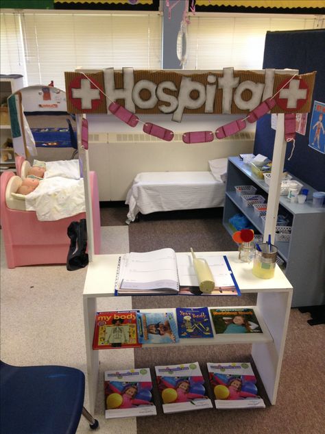 Our dramatic play area "hospital" is a huge hit! The waiting area has some fun medical activity books for kids, and once the "receptionist" has admitted you, the doctors have all the latest equipment like band aids, gauze wraps, IV bag, "needles",  crutches, and so much more! The best is the "lollipop" at the end of your visit!! Doctor Role Play, Activity Books For Kids, Dramatic Play Themes, Iv Bag, Role Play Areas, Dramatic Play Preschool, Dramatic Play Area, Dramatic Play Centers, Home Daycare