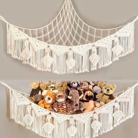 PRICES MAY VARY. 100%conton 【PREMIUM QUALITY】Made with high-quality cotton rope and traditional handwoven craftsmanship, our Nursery Hanging Organizers are built to last. This stuffed animal net will not loosen or change shape over time, providing a safe and durable storage solution for toy storage. 【LARGE CAPACITY】With dimensions of 47in*39in*39in, our toy hammock can hold at least 20 stuffed animals and dolls, also for pillow or blanket storage, freeing up valuable floor space. When it's time Macrame Wall Hanging Nursery Decor, Organized Room, Aesthetic Storage, Boho Style Nursery, Stuffed Animal Net, Hanging Net, Boho Tassels, Wooden Hooks, Tassels Handmade