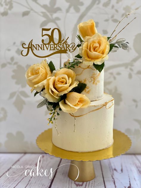 50th Golden Anniversary Cake, 2 Tier 50th Anniversary Cake, 50th Anniversary Cakes Gold 2 Tier, 2 Tier Anniversary Cake, 50th Wedding Anniversary Cakes Gold, Golden Anniversary Cake, Yellow Rose Wedding, Golden Wedding Cake, Golden Wedding Anniversary Cake