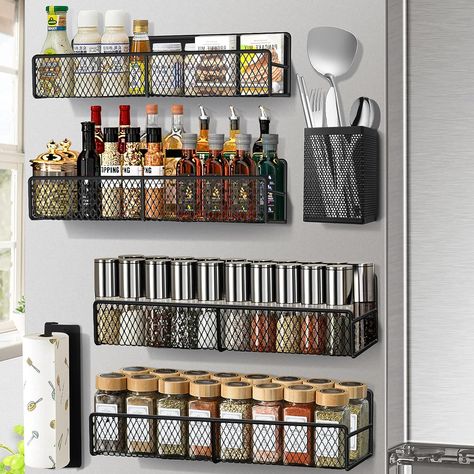 DTUQYX Magnetic Spice Rack, Refrigerator Organizer, 6 Pack Metal Black Magnetic Shelf with Paper Towel Holder, Utensils Holder, Strong Magnets, Space Saving Large Spice Rack, Magnetic Shelf, Tiny Pantry, Magnetic Spice Rack, Organiser Cucina, Refrigerator Organizer, Spice Shelf, Fridge Shelves, Magnetic Spice