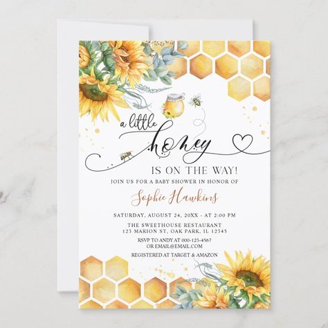 Sunflower Sweet Little Honey Bee Baby Shower Invitation - sunflowers invitations Honey Bee Baby Shower Invitations, Sweet As Can Bee, Sunflower Invitations, Bee Baby Shower Invitations, Honey Bee Baby Shower, Bee Baby Shower Theme, Mommy To Bee, Bumble Bee Baby Shower, Mommy To Be