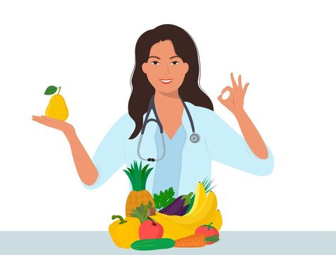 Nutrition therapy with healthy food and physical activity. Vector illustration in cartoon style Dietitian Illustration, Healthy Body Illustration, Nutrition Drawing, Healthy Cartoon, Nutrition Art, Nutrition Logo Ideas, Healthy Illustration, Healthcare Art, Nutrition Therapy