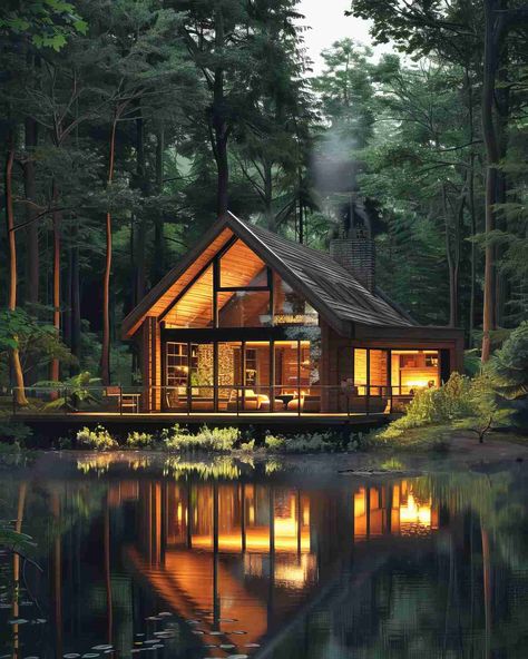 Mountain Cabin Interiors, Cabin By The Lake, Large Glass Windows, White Cabin, Background References, Glass Cabin, Cabin In The Mountains, Lake Houses, Dense Forest