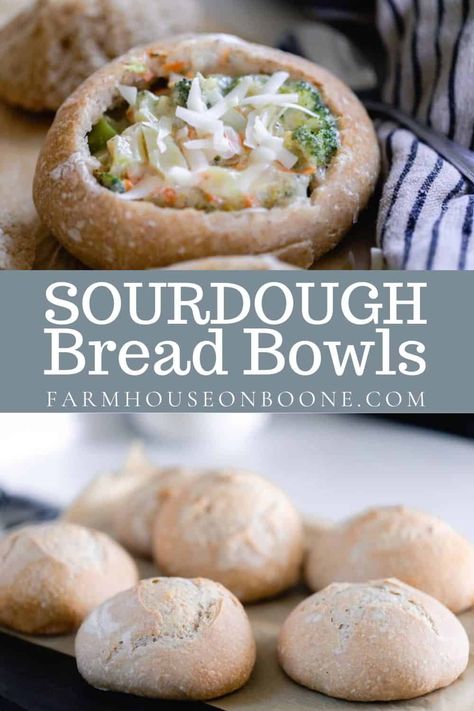 The most delicious homemade sourdough bread bowls, just like ones you would buy from a restaurant. Freshly bake and fill with your favorite soups for a super filling meal. #farmhouseonboone #sourdough #sourdoughbreadbowls #breadbowls Sourdough Bread Bowl Recipe, Bread Bowls Recipe, Panera Bread Bowl, Sourdough Bread Bowls, Pie Weights, Bread Bowl Soup, Active Sourdough Starter, Bread Bowl Recipe, Sourdough Starter Discard Recipe