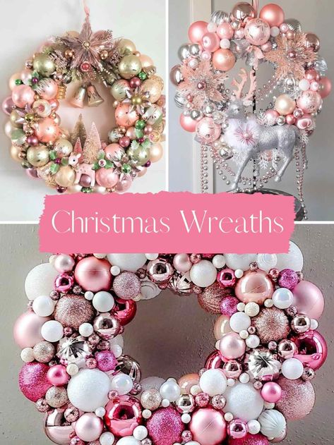 Christmas Wreath Theme Ideas, Pink And Silver Christmas Wreath, Pink Christmas Bulb Wreath, Pink And White Christmas Wreath, Pink Ribbon Wreath Diy, Diy Pink Christmas Decorations Dollar Stores, Ornament Christmas Wreath, Diy Pink Christmas Wreath, Pink Christmas Wreath Diy