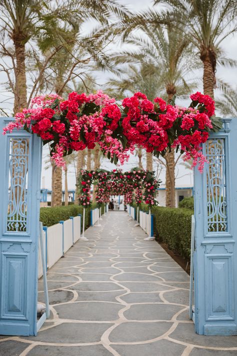 Entrance Door Design For Wedding, Santorini Theme Wedding Decor, Mamma Mia Backdrop, Event Entrance Arch Design, Pool Wedding Decorations, Mamma Mia Wedding, Bougainvillea Wedding, Wedding Decorations Ideas, Haldi Decor