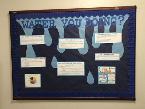 April water conservation bulletin board Drink Water Bulletin Board Ideas, Water Bulletin Board Ideas, Conservation Bulletin Board, Water Bulletin Board, Bulletin Boards Ra, Science Project Board, Resident Assistant Bulletin Boards, Science Display, Water Board