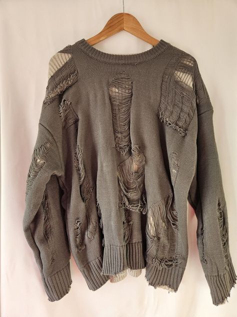 EVDR Grey Tattered Sweater - M Ripped Knit Sweater Outfit, Tattered Sweater, Distressed Crochet Knit Sweater, Deconstructed Sweater, Oversized Distressed Winter Sweater, Edgy Distressed Crew Neck Sweater, Tattered Clothes, Grunge Distressed Sweater, Edgy Black Distressed Sweater