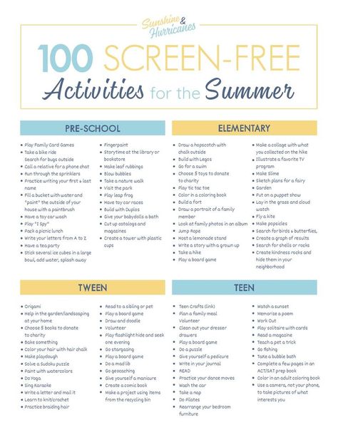 100 Screen Free Summer Activities for Kids Toddler To Teen. It's easy to say you want your kids to spend less time on tech, but what will they do instead? We've got 100 ideas for you (includes free printable). #screenfree #summeractivitesforkids #summerprintable #freeprintable #activitiesforkids #screenfreeactivitesforkids #summer #summerfunforkids Free Summer Activities For Kids, Screen Free Summer, Free Summer Activities, Summer Schedule, Summer Fun For Kids, Screen Free Activities, Activities For Teens, Summer Fun List, Screen Free