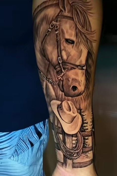 Mexican Horse Tattoo, Mens Horse Tattoo, Men Country Tattoos, Farm Sleeve Tattoo, Horse Shoulder Tattoo, Horse And Rider Tattoo, Western Floral Tattoo Sleeve Ideas, Western Themed Tattoos For Women, Cowboy And Horse Tattoo