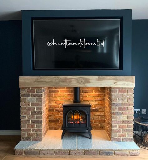 Wood Burner On Flat Wall, Electric Woodburner Fireplace Ideas, Gas Chimney Ideas, Floating Log Burner, Woodburner Living Room Ideas, Wood Stove Next To Tv, New Build Log Burner, Lounge Log Burner, Tv Wall With Log Burner