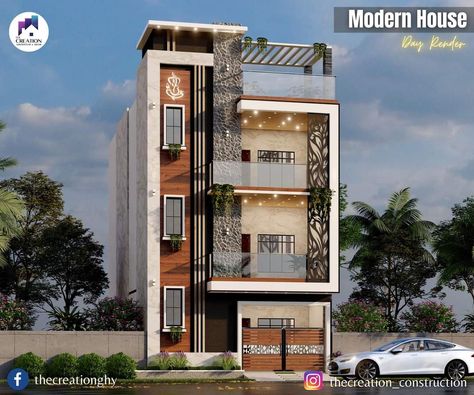 #modernhouse #G+2 #3Delevation #render #3dmodel Modern Residential House, Modern Exterior Design, Front Elevation Design, Small House Front Design, Duplex Design, Luxe Home, Front Elevation Designs, Great Architecture, Elevation Design