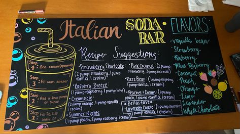 Torani Italian Soda Recipes, Italian Sodas Bar, Italian Soda Combinations, Italian Soda Recipe Printable, Italian Soda Recipes Drinks, Italian Soda Bar Recipes, Italian Soda Bar Drink Stations, Soda Shop Recipes, Italian Soda Flavors Combinations