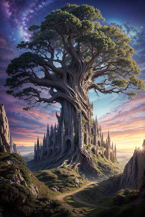 Elven Citadel: A Fusion of Nature and Magic* Explore the mystical beauty of this elven citadel, where ancient trees and fantastical architecture converge. This AI-created image brings the world of elves to life with incredible detail and imagination. A must-see for fantasy art lovers and those enchanted by mythical beings. #FantasyCharacters #Elves #AIArt #FantasyLandscapes #DigitalArt #Mystical Fantasy Citadel Art, Ancient Tree Fantasy Art, God Of Nature Fantasy Art, Elven Fantasy Art, World Tree Fantasy Art, Fantasy World Art Dreams, Fantasy Citadel, Fantasy Tree Art, Fantastical Architecture