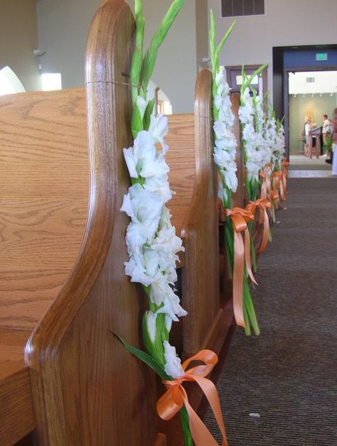 Gladiola aisle markers- maybe use orange flowers and grey ribbon? Pew Decor, Church Aisle Decorations, Church Aisle, Wedding Pews, Aisle Decorations, Superhero Wedding, Aisle Markers, Pew Bows, Grey Ribbon