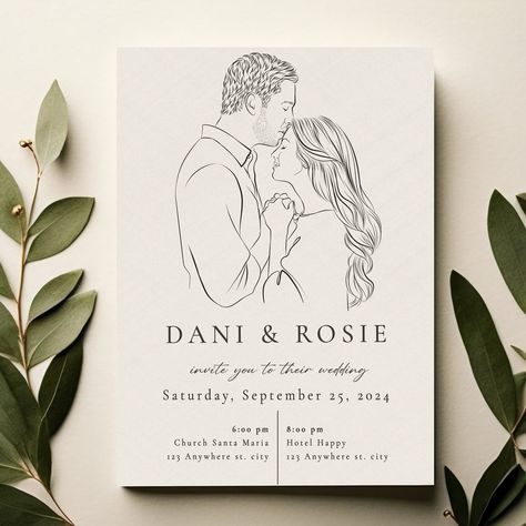 Creative Wedding Invitations Design, Artistic Wedding Invitations, Couple Wedding Invitation, Portrait Wedding Invitations, Line Art Portrait, Painted Wedding Invitation, Minimalistic Wedding, Portrait Couple, Business Invitation