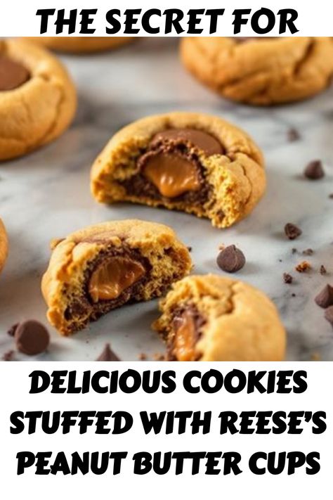 Cookies filled with Reese's Peanut Butter Cups, surrounded by chocolate chips. Reese Cup Cookies, Cookies Stuffed, Reese's Peanut Butter Cup, Easy To Make Cookies, Stuffed Cookies, Peanut Butter Cup Cookies, Peanut Butter Cookie Dough, Flavor Combinations, Crispy Cookies