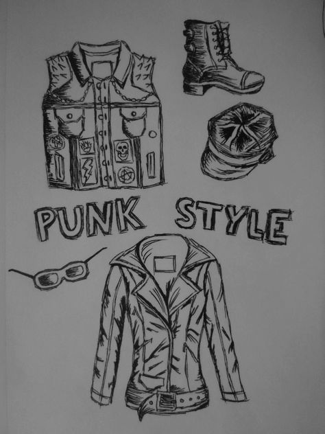 Punk Drawings Sketches, Punk Drawing, Backpack Drawing, Jacket Drawing, Photographer Outfit, Punk Style Outfits, Fashion 2000s, Punk Shirt, Flat Drawings