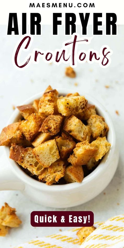 Look no further if you're looking for the easiest and best homemade croutons recipe! Air fryer croutons are easy to make, quick, crunchy, and full of garlicky-cheesy flavor. These croutons from bread are ready in less than 10 minutes with pantry staples! Once you them you will never go back to baking! Pin this air fryer recipe today and try this quick and easy recipe soon! #airfryercroutons #airfryerrecipes #croutons #homemadecroutons #croutonsfrombread #croutonrecipe Healthy Croutons, Croutons From Bread, Air Fryer Croutons, How To Make Croutons, Croutons Recipe, Crouton Recipes, Seasoned Butter, Air Fryer Recipe, Airfryer Recipes