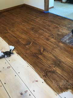 Cheap Rustic Flooring Ideas, Diy Wood Flooring Ideas, Real Wood Flooring, Pine Floors Farmhouse, Rustic Flooring Ideas, Staining Floors, Cabin Floors, Original Wood Floors, Plywood Plank Flooring