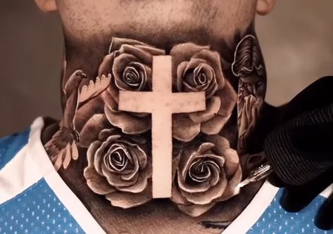 Cross Throat Tattoo, Neck And Throat Tattoos, Neck And Throat Tattoos Men, Throat Tattoos, Guardian Angel Tattoo Designs, Guardian Angel Tattoo, Full Leg Tattoos, Throat Tattoo, Tattoos Men