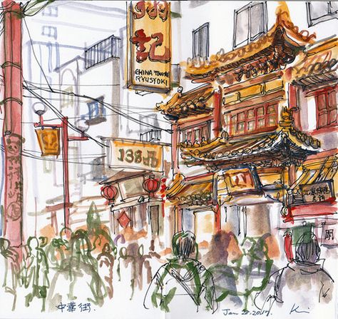 China town street view | watercolor and pen / Kanagawa, Japa… | Flickr China Town Art, New Year's Drawings, Town Drawing, Japan Watercolor, Watercolor And Pen, Year Of The Rooster, Kanagawa Japan, Asian Architecture, Building Illustration