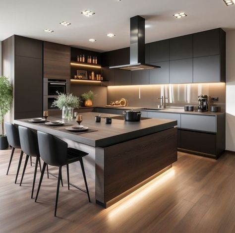 Compact Modern Kitchen, Modern Black Interior Design, Contemporary Kitchen Black, Modern Gray Kitchen, Modern Dark Kitchen, Polished Concrete Kitchen, Modern Open Kitchen, Cabinet Colours, Modern Luxury Kitchen