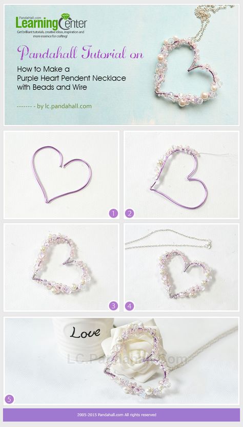 Purple Heart Pendent Necklace Bead Heart Tutorial, Wire Wrapped Jewelry Ideas, Diy Earrings Materials, Beaded Wedding Jewelry, Jewelry Wire Wrapping, Wrapping Tutorial, Heart Pendent, Wire Jewelry Patterns, Diy Jewelry Making Tutorials