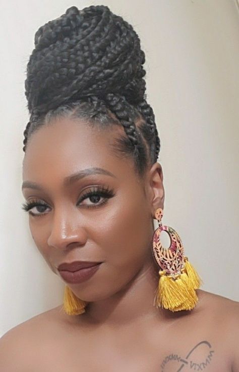 Large Knotless Braids Bun Large Knotless Box Braids In A Bun, Large Knotless Box Braids Updo, Large Knotless Braids In A Bun, Knotless Box Braids In A Bun, Large Knotless Box Braids Styles, Braided Cornrow Hairstyles Updo, Knotless Braids Updo Hairstyles, Knotless Braids In A Bun, Knotless Braids Bun