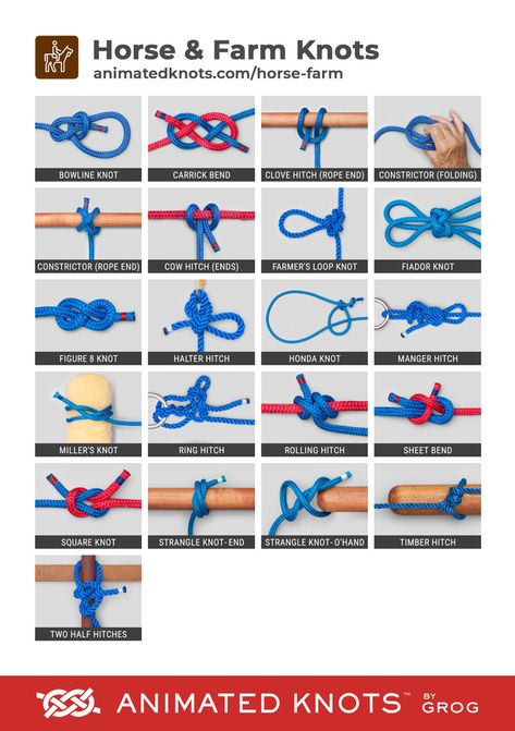 Horse & Farm Knots by Grog | Learn How to Tie Horse & Farm Knots using Step-by-Step Animations | Animated Knots by Grog Horse Knots Ropes, Horse Knots, Knot Crafts, Quick Release Knot, Animated Knots, Climbing Knots, Sailing Knots, Bowline Knot, Camping Knots