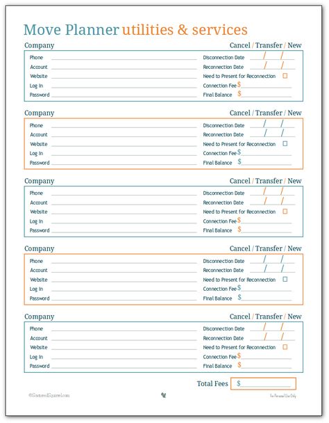 Moving isn't just packing, you also have to make sure you move your utilities and services to your new home. Use this handy printable to keep track of what companies you're dealing with, whether you're canceling your service, moving it or starting a new account, and how much it's going to cost! Utilities List, Moving Checklist Printable, Moving Binder, Moving Printables, Moving List, Moving Planner, Moving House Tips, Moving Hacks Packing, Planning List