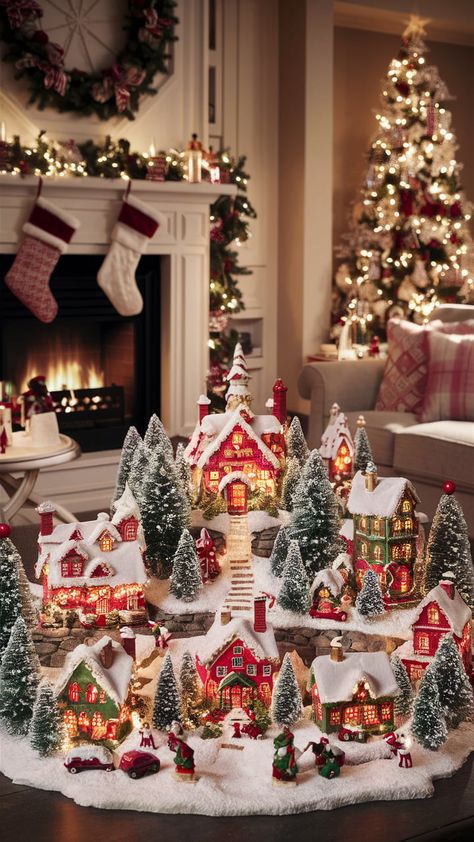 40 Christmas Decor Ideas for the Living Room – My Blog Xmas Village, Christmas Aesthetics, Christmas Living Room Decor, Village Ideas, Christmas Village Sets, Beautiful Winter Scenes, Gingerbread House Kits, Diy Christmas Village, Cd Storage