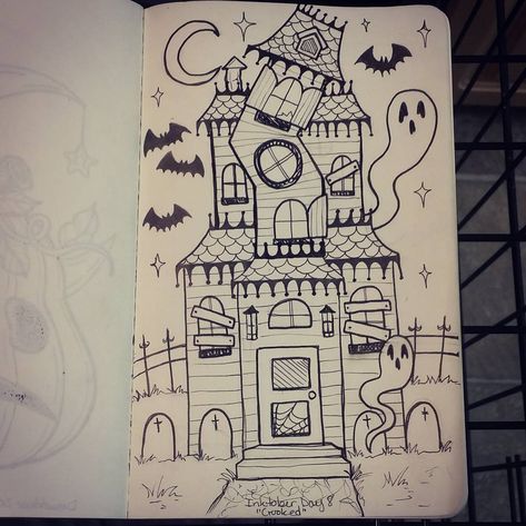 Zero Dog House Drawing, Halloween Door Drawing, Haunted House Illustration Drawings, Halloween Houses Drawings, Drawing A Haunted House, Cartoon Haunted House Drawing, Halloween Drawings House, Haunted House Sketch Easy, Haunted House Ideas Drawing